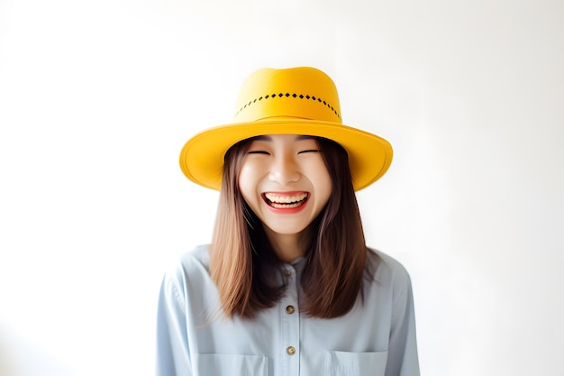 smiling women wearing yellow hat