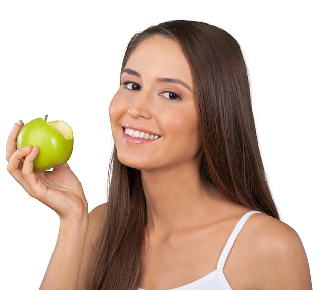 Smiling Womna Holding a Bitten Apple - Isolated