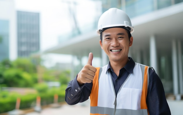 Photo smiling worker man giving thumbs up wearing protective vest helmet on construction background