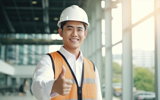 Улыбающийся рабочий мужчина, поднимающий большой палец, носящий защитный жилет и шлем на строительном фоне