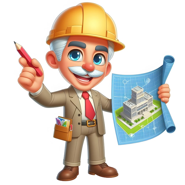 A smiling worker wearing helmet and holding drawing construction concept full body 3d