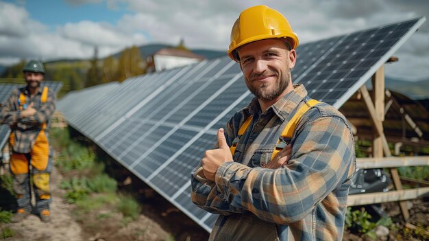 Foto lavoratore sorridente lavoratore con casco giallo ripara e installa alcuni pannelli solari pollice in alto