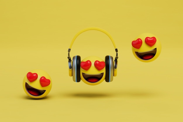 A smiling yellow emoji with eyes with hearts and headphones next to other emoticons 3D render