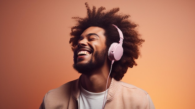 smiling young adult enjoying music with headphones