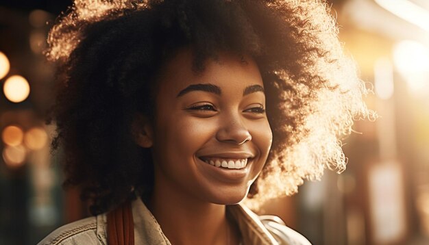 Smiling young adult woman with curly hair enjoys carefree leisure outdoors generated by AI