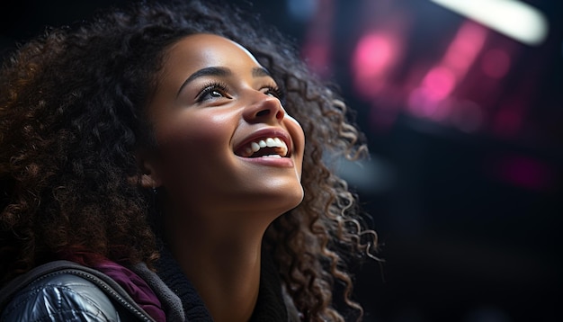 Smiling young adult woman with curly hair looking away happily generated by artificial intelligence