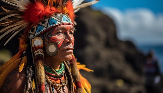 Smiling young adults in traditional headdresses outdoors generated by AI