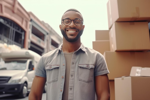 Smiling young African American man standing next to a lot of craft boxes Moving Courier service home delivery Generative AI