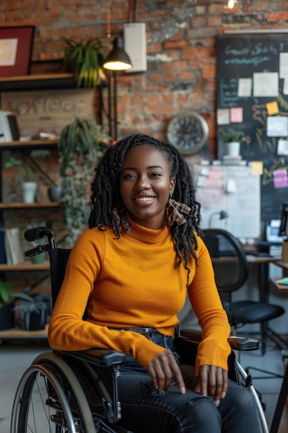 笑顔の若いアフリカ系アメリカ人女性が車椅子に乗ってオフィスで自由なスペースを生み出しています