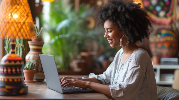 Smiling young African American woman working on laptop in home office