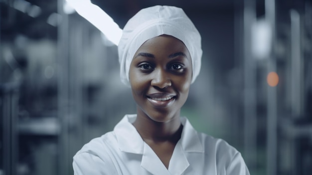 A smiling young African female electronic factory worker standing in factory