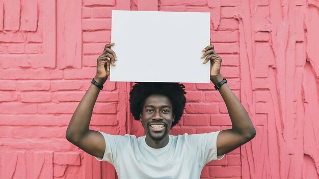 Smiling young african man holding blank board above his head