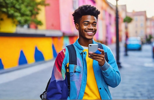 Улыбающиеся молодые африканские студенты используют телефонный генеративный ИИ
