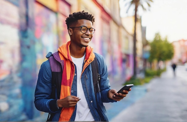 Улыбающиеся молодые африканские студенты используют телефонный генеративный ИИ