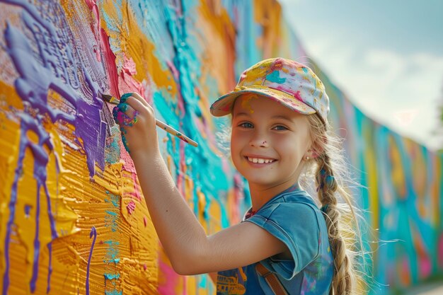 Smiling Young Artist Painting Colorful Mural Outdoors