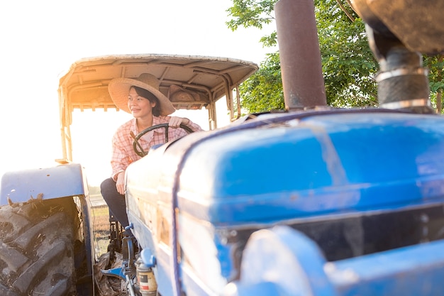 일몰 빛 쌀 필드에 트랙터에 웃는 젊은 아시아 여자 농부.