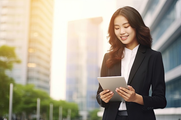 Smiling young Asian business woman leader entrepreneur professional manager holding digital tablet computer using software applications standing on the street in big city on sky background