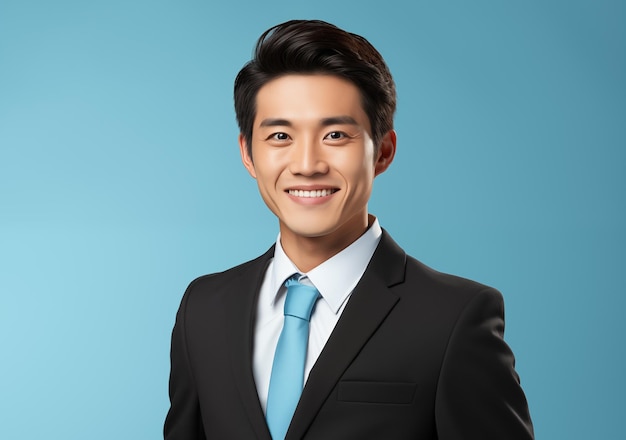 Smiling young asian businessman in a black business suit on plain pastel light blue background