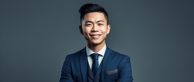 Smiling young asian businessman with arms crossed in blue studio isolated background