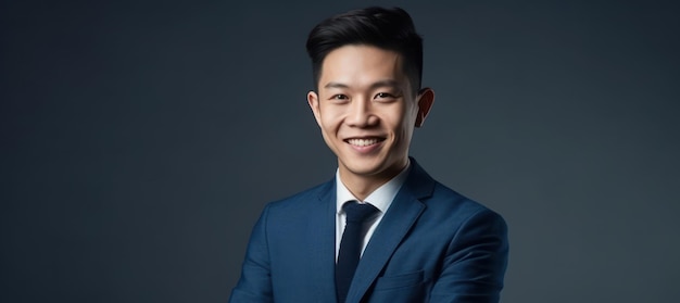 Smiling young asian businessman with arms crossed in blue studio isolated background