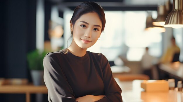 Smiling young Asian businesswoman sitting at her workplace in the office