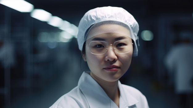 공장에 서있는 웃는 젊은 아시아 여성 전자 공장 노동자