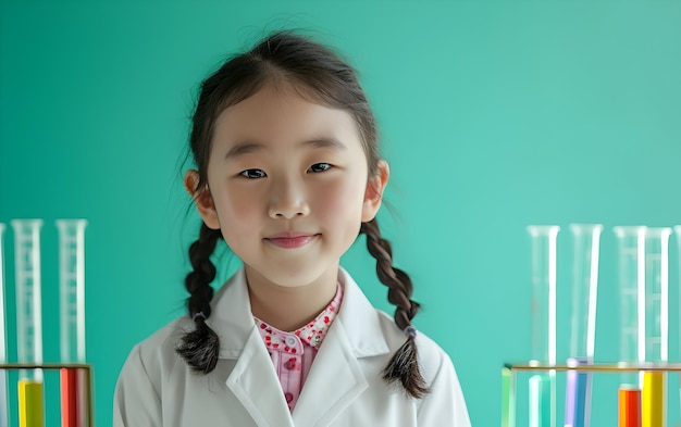 Smiling Young Asian Girl in White Lab Coat