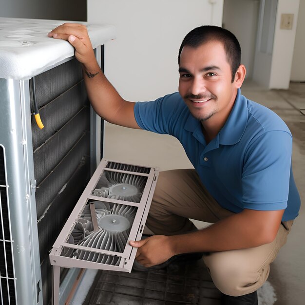 Smiling young asian man fixing air conditioner in his home