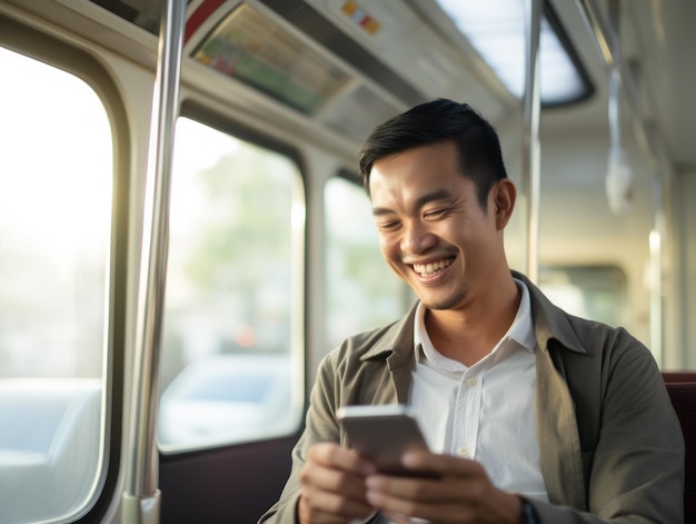 Smiling young asian man using smartphone on bus