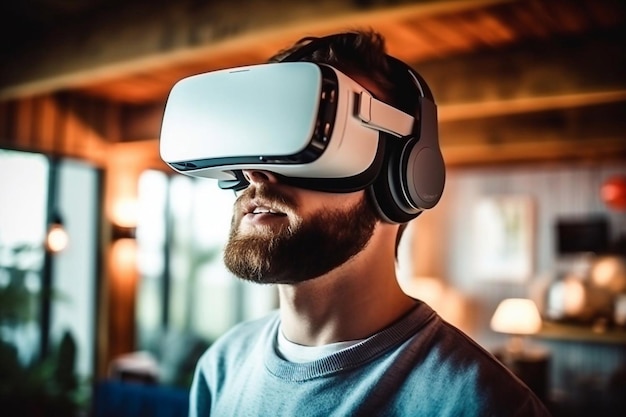 Smiling young asian man using virtual reality headset while sitting on couch at home Generative AI