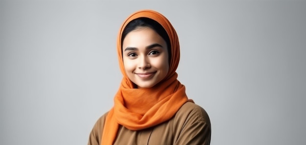 Smiling young asian muslim woman crossed arms and looking confident isolated over white background