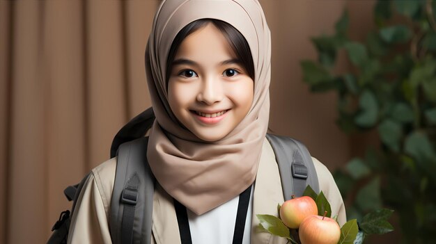 Smiling young Asian Muslim woman student with backpack aside at copy space Back to school concept