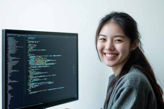 Smiling Young Asian Woman Coding Computer Colorful Code Display Diverse ...