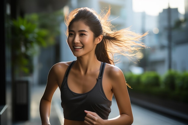A smiling young Asian woman enjoying a jog in a sunny green park setting