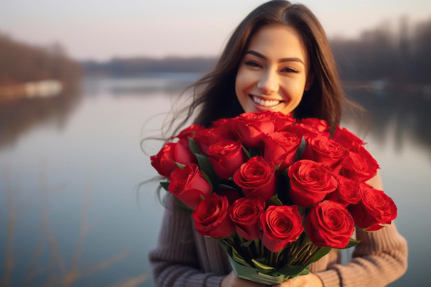 웃는 젊은 아시아 여성이 꽃을 받습니다.