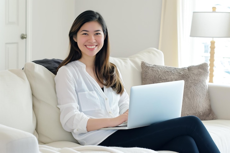 Photo smiling young asian woman sitting on sofa using laptop remote work or study concept
