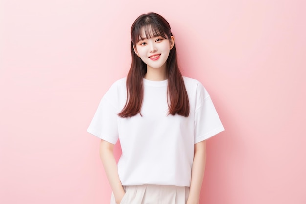 스튜디오에 광고하기 위해 흰색 티셔츠 모형 빈 티셔츠를 입고 웃고 있는 젊은 아시아 여성 10대