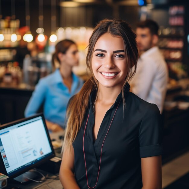 Smiling young and attractive saleswoman cashier serving customers Generative AI