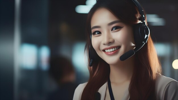 Photo smiling young beautiful asian woman working as customer service wearing headset or headphone