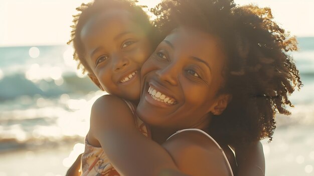 사진 미소 짓는 젊은 흑인 어머니와 아름다운 딸이 인공지능을 복사하여 해변에서 재미를 느끼고 있습니다.