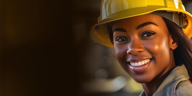 a smiling young black woman in a hard hat in the style of lens flare