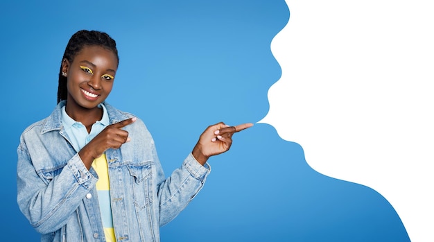 Photo smiling young black woman points at blank speech bubble collage