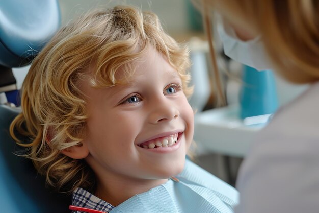 A smiling young blond boy in a dental chair Examination by a dentist