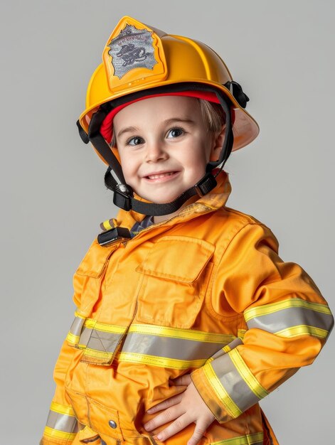 A smiling young boy in a bright orange firefighter outfit and protective equipment radiates enthusiasm and delight showcasing his aspirations for a career as an emergency services professional