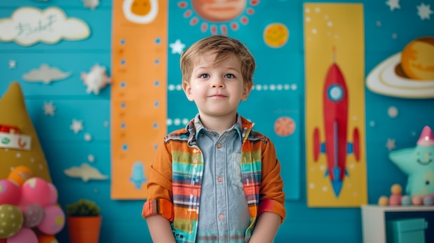 Smiling Young Boy in Colorful Plaid Shirt at Festive Birthday Party with Themed Decorations and