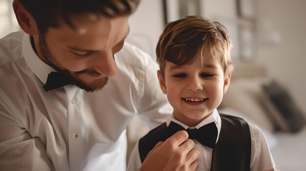 Smiling Young Boy Gets Help with His Bow Tie from a Gentleman Tender Family Moment Capturing a Timeless Dressing Ritual Perfect for Formal Event Invitations AI