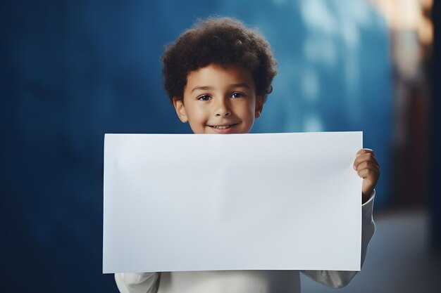 Smiling Young Boy Holding a Blank White Sign in Front of Him Generative AI Enhanced Stock Image