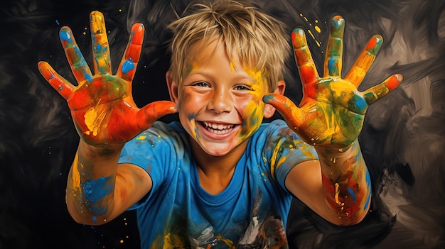 Smiling young boy with bright paint on his hands and body Image about activity of children