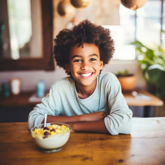 Smiling young boy with cereal in a bright home kitchen