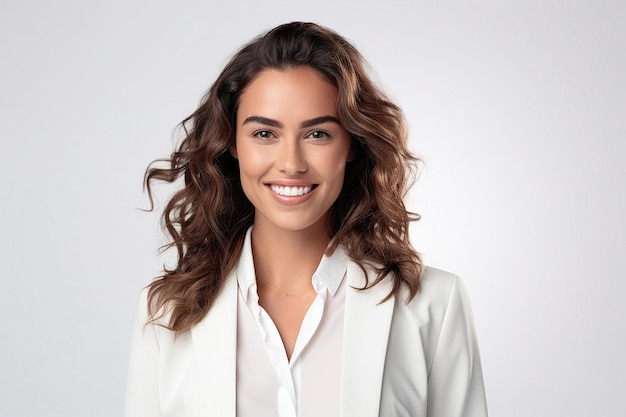 smiling young brazilian woman in classic white blazer on white background